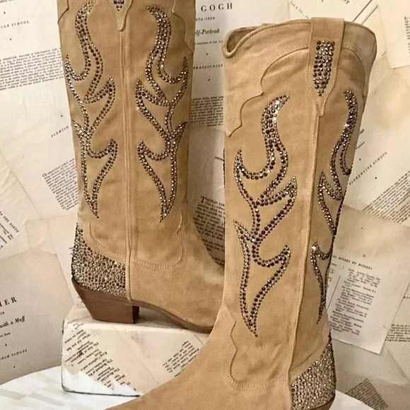 Free People Nashville Nights Cowboy Boot Tan Suede Pewter Rhinestones - Picture 7 of 9